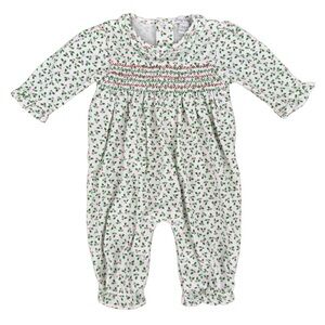 Kissy Kissy‎ Christmas Holly Print Smocked Footie 0-3 Months Pima Cotton Holiday
